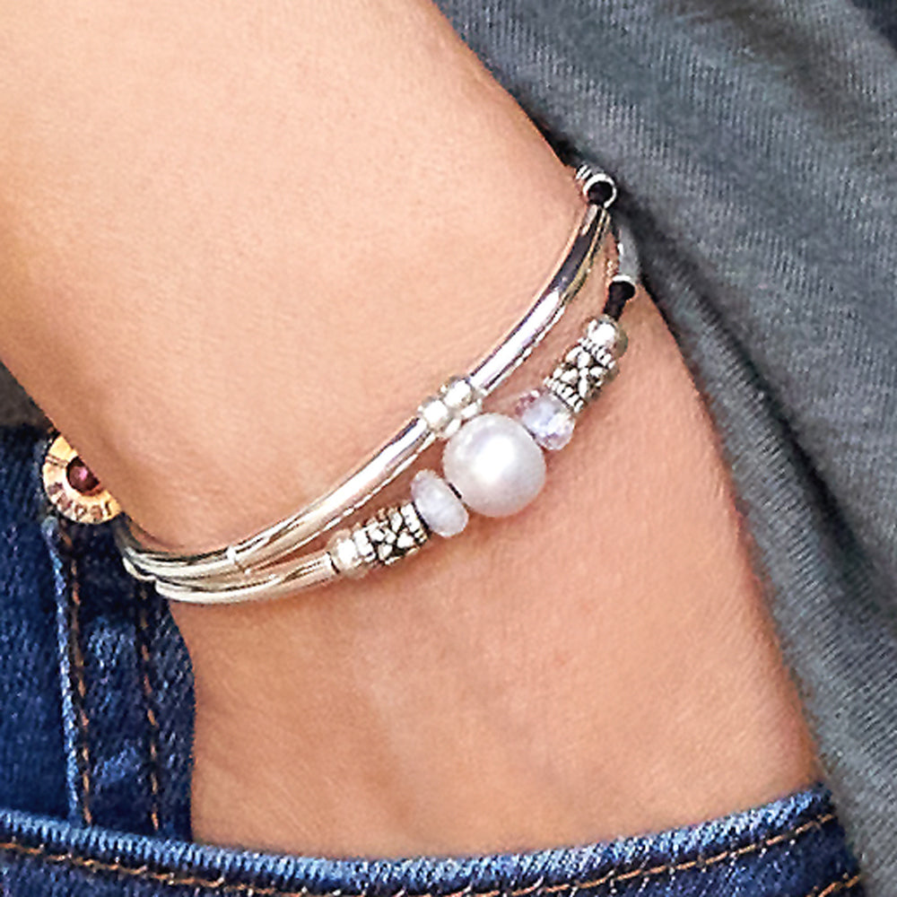 Crystal Water Adjustable Silver & Leather Bracelet with Pearl & Moonstone