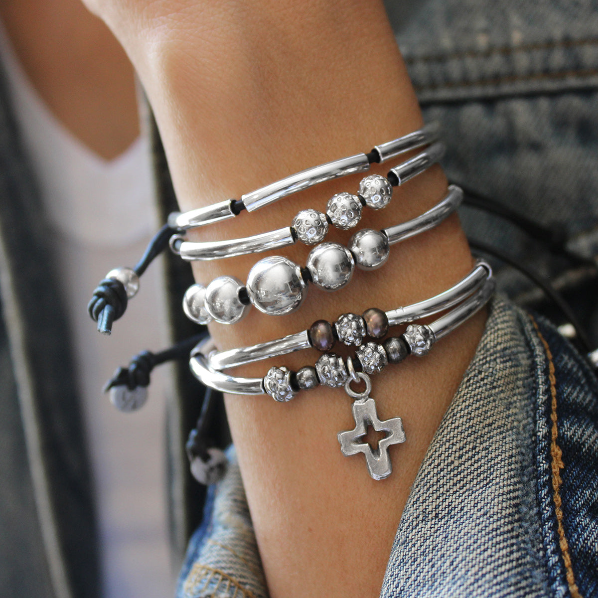 Faith Adjustable Silver &amp; Leather Bracelet with Silver Cross Charm &amp; Pearls Adjustable Bracelet Size: Adjustable