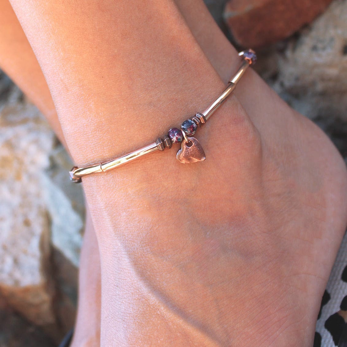 Jolie Anklet in Rose Gold and Natural Antique Brown Leather with Heart Charm