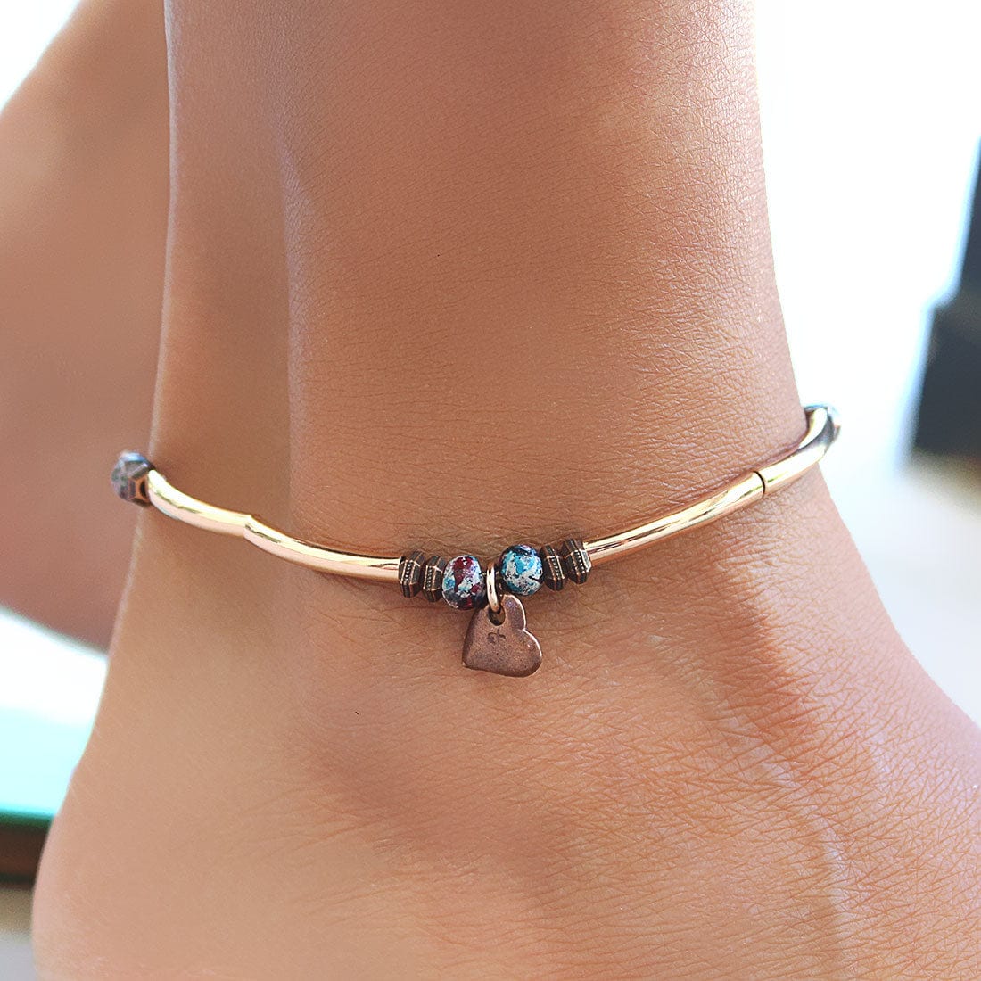 Jolie Anklet in Rose Gold and Natural Antique Brown Leather with Heart Charm