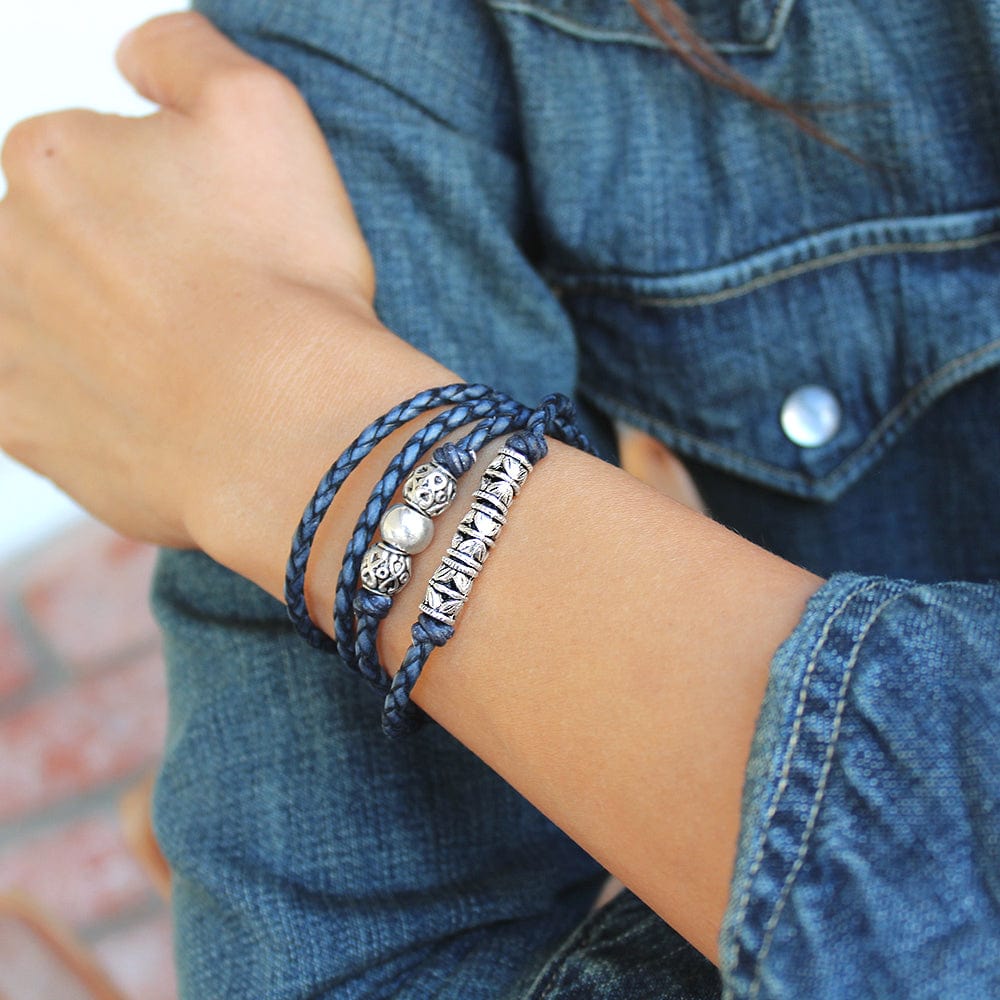 Mini Nina Blue Leather Bracelet with Silver Floral Beads