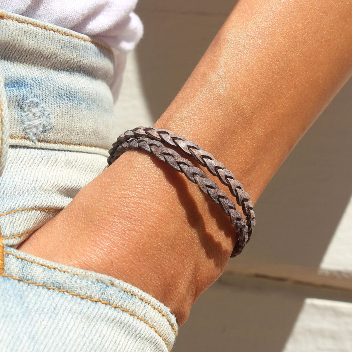 Nick Brown =Braided Leather Wrap Bracelet in Natural Gray Leather with Stainless Steel Clasp