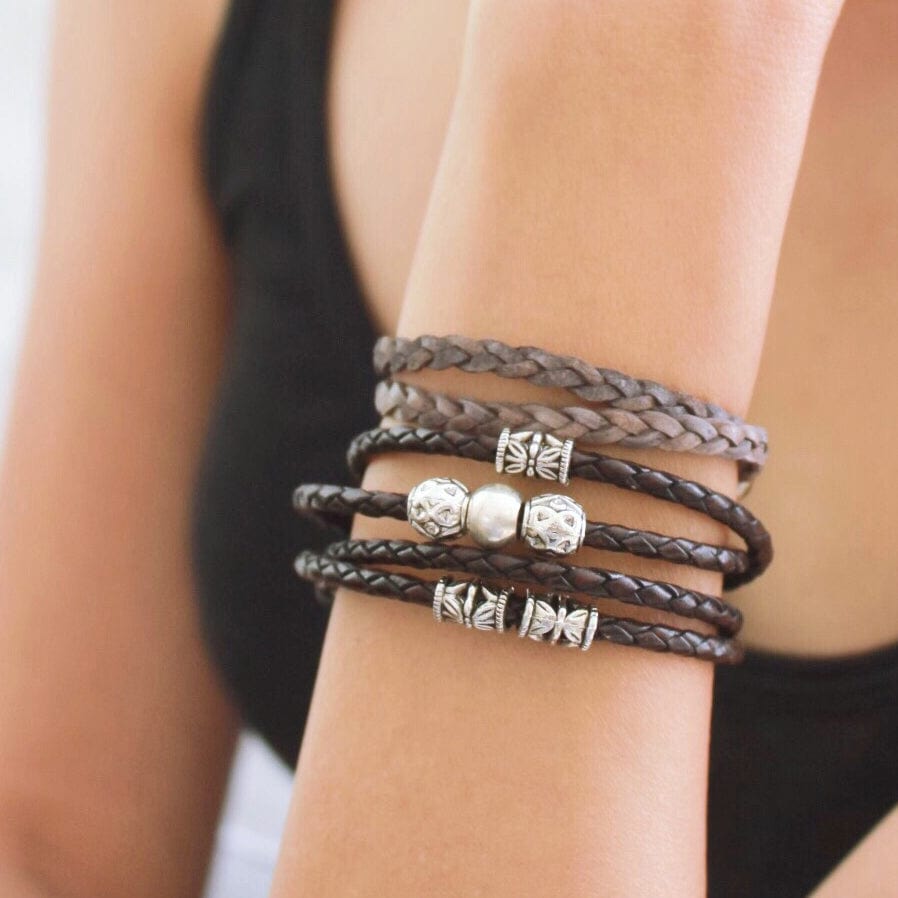 Nick Wrap Bracelet Stacked with Mini Nina Leather Wrap Bracelet