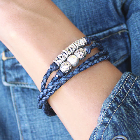 Nina Braided Leather Wrap in Silverplate by Lizzy James Red