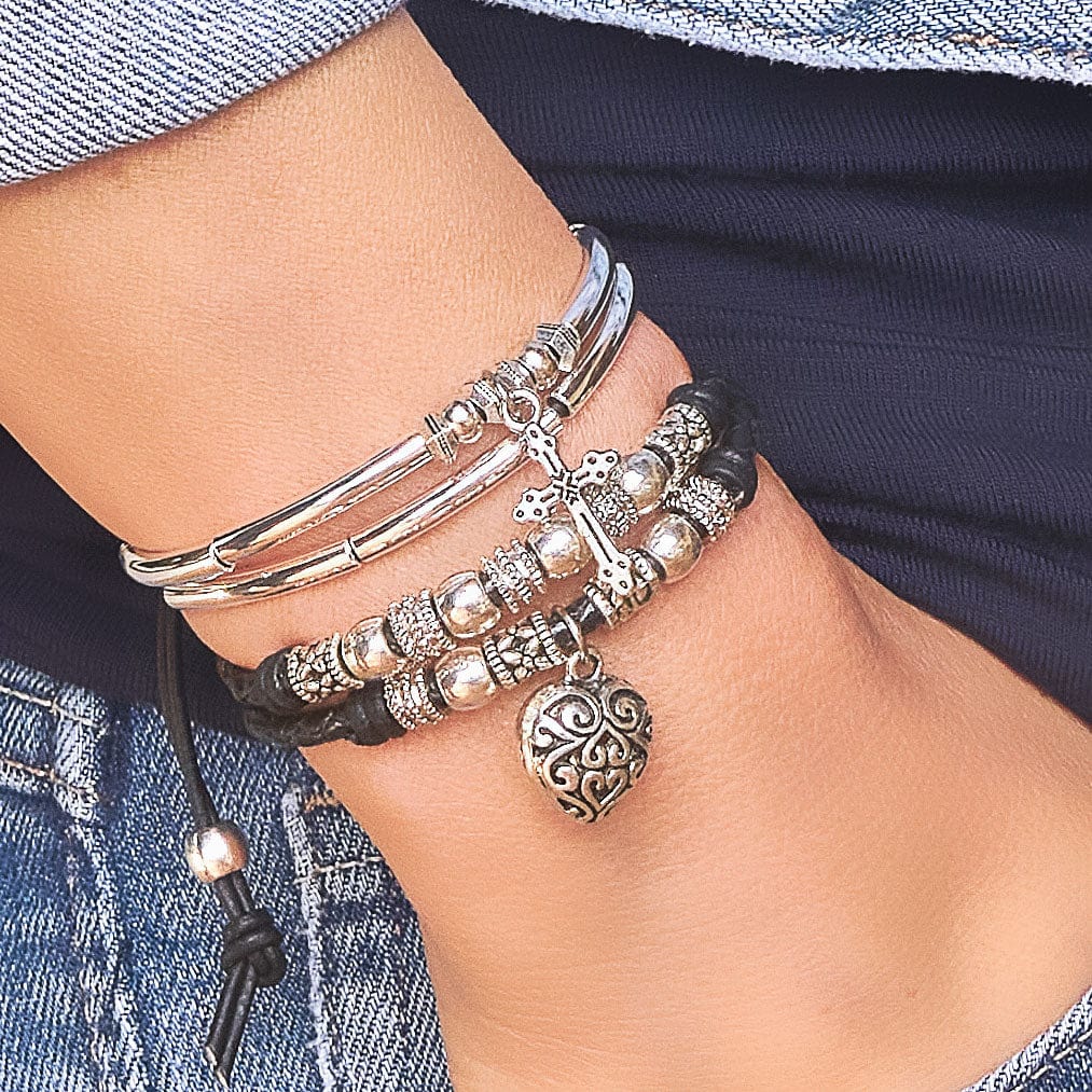 Zoe Silver and Braided Black Leather Bracelet Add Your Charm Choice Bracelet Select Wrist Size: Petite